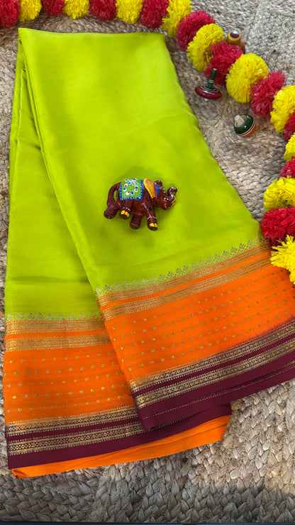 Pure Mysore Silk Saree - Boarder Lines LimeGreen + Orange + Maroon