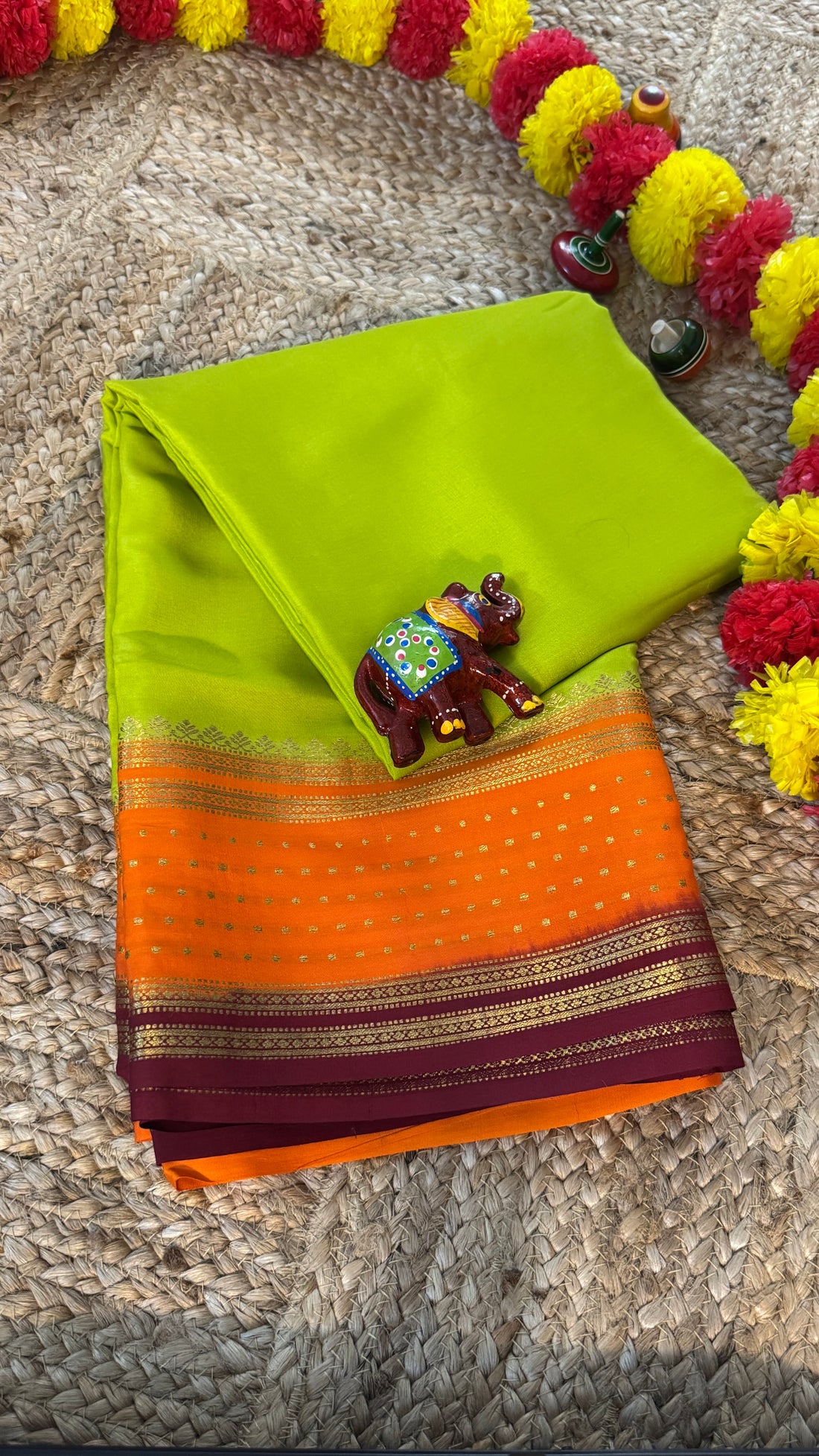 Pure Mysore Silk Saree - Border Lines LimeGreen + Orange + Maroon