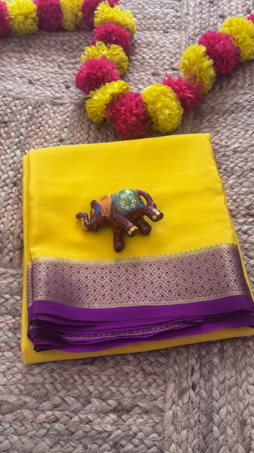 New Collections - Mysore Silk Yellow and Purple with Zari Border1
