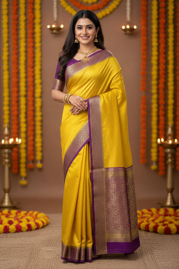 New Collections - Mysore Silk Yellow and Purple with Zari Border1