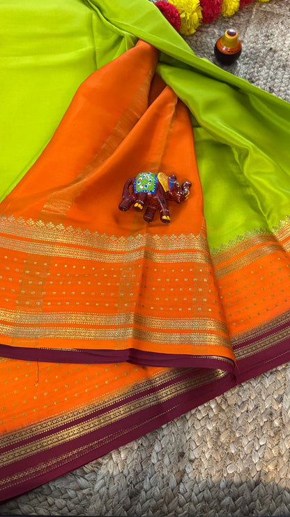 Pure Mysore Silk Saree - Boarder Lines LimeGreen + Orange + Maroon