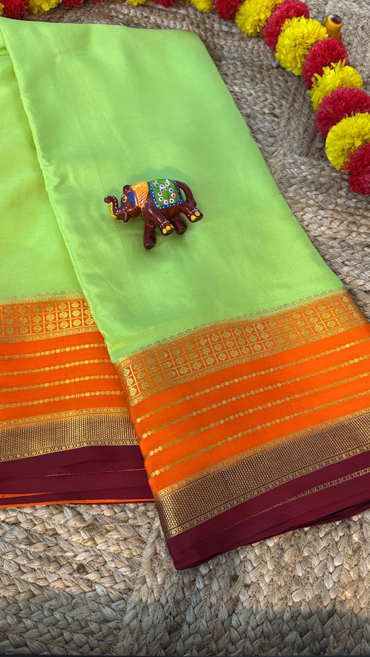 Pure Mysore Silk Saree - Boarder Lines ParrotGreen + Orange + Maroon