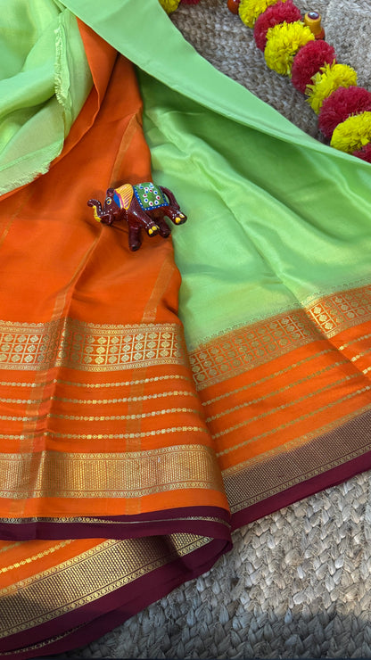 Pure Mysore Silk Saree - Boarder Lines ParrotGreen + Orange + Maroon