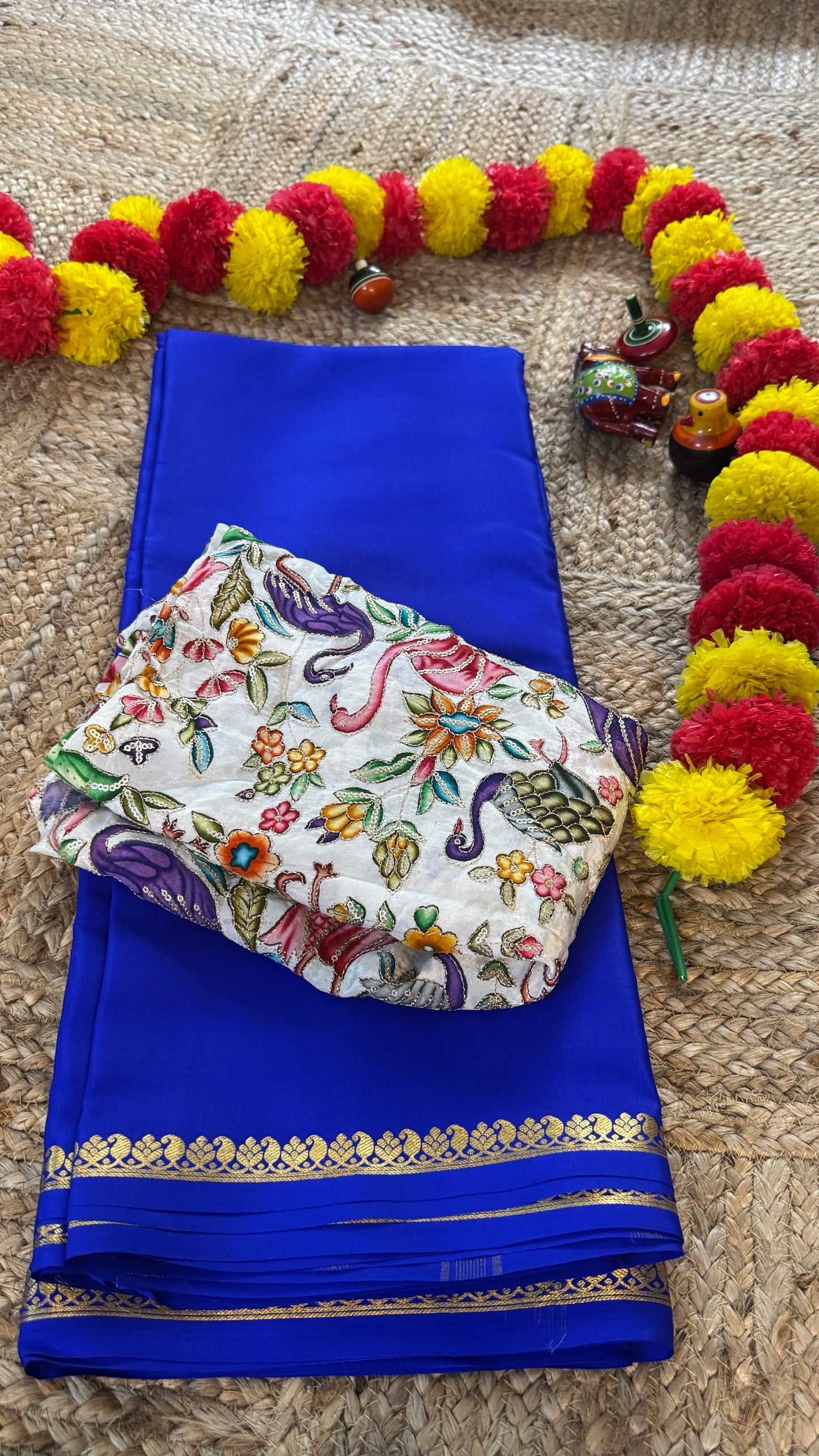 Combo Offer - Royal Blue Monotone Mysuru Silk Saree + Designer second Blouse fabric