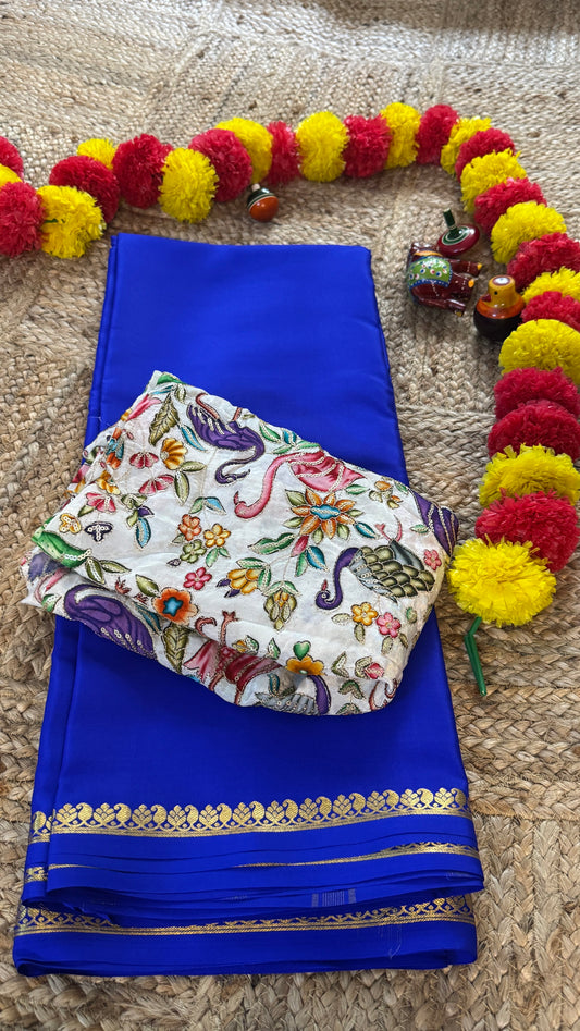 Combo Offer - Royal Blue Monotone Mysuru Silk Saree + Designer second Blouse fabric