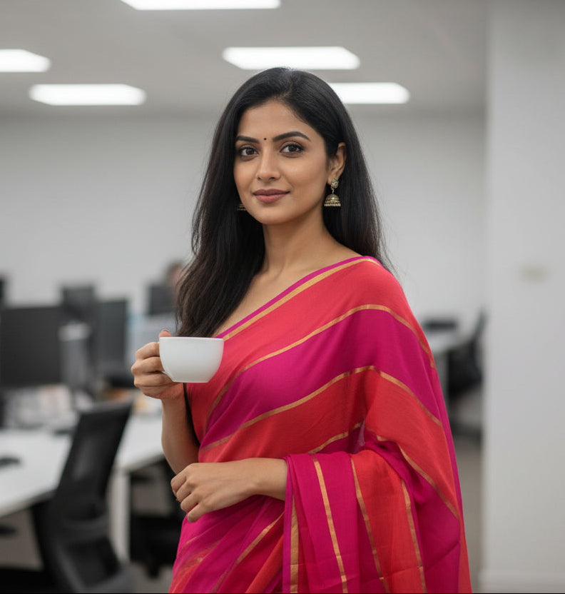 Mul Cotton : Multi Pink Saree with Gold Lines