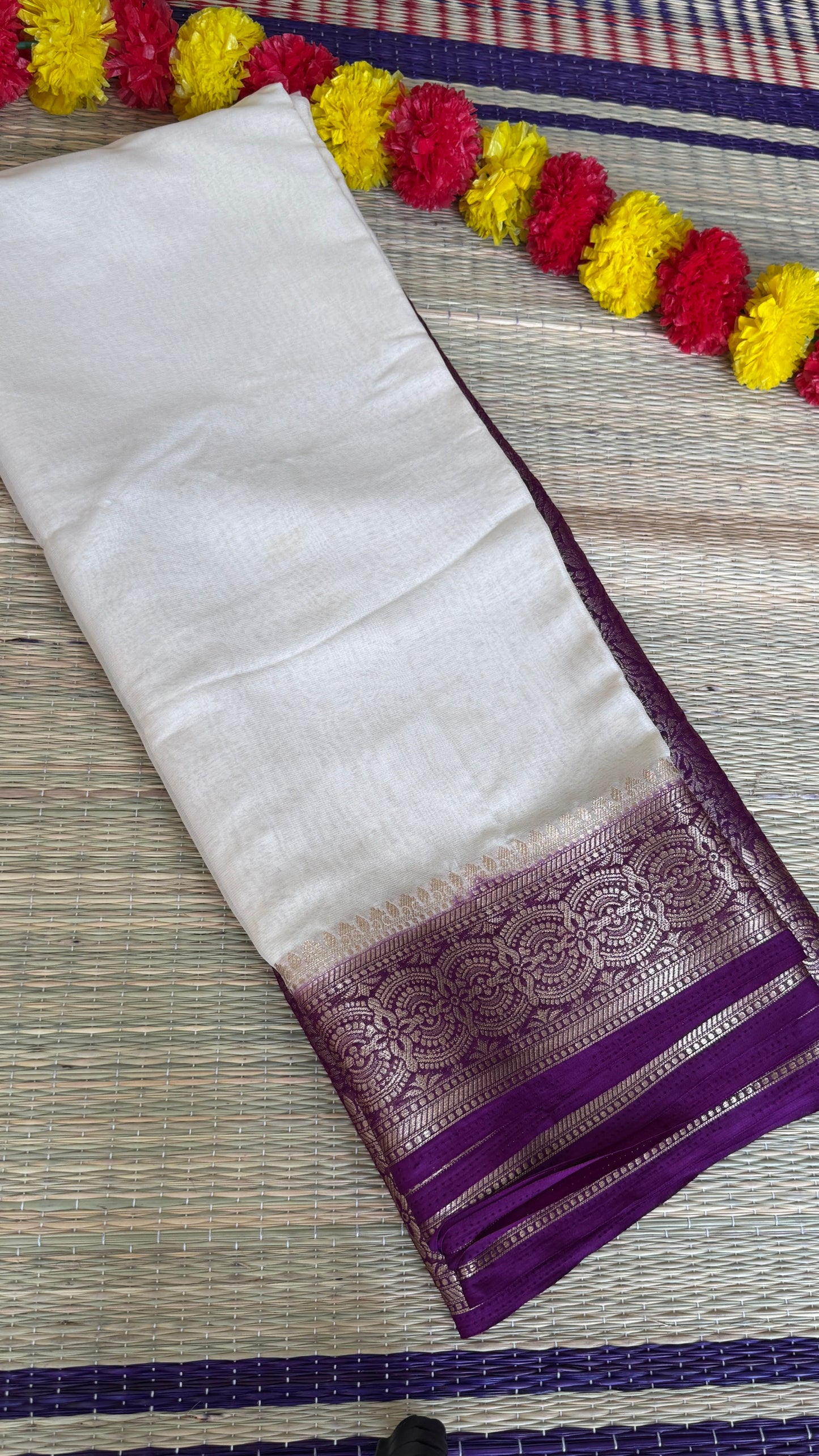 Semi Silk Saree - Cream and Wine