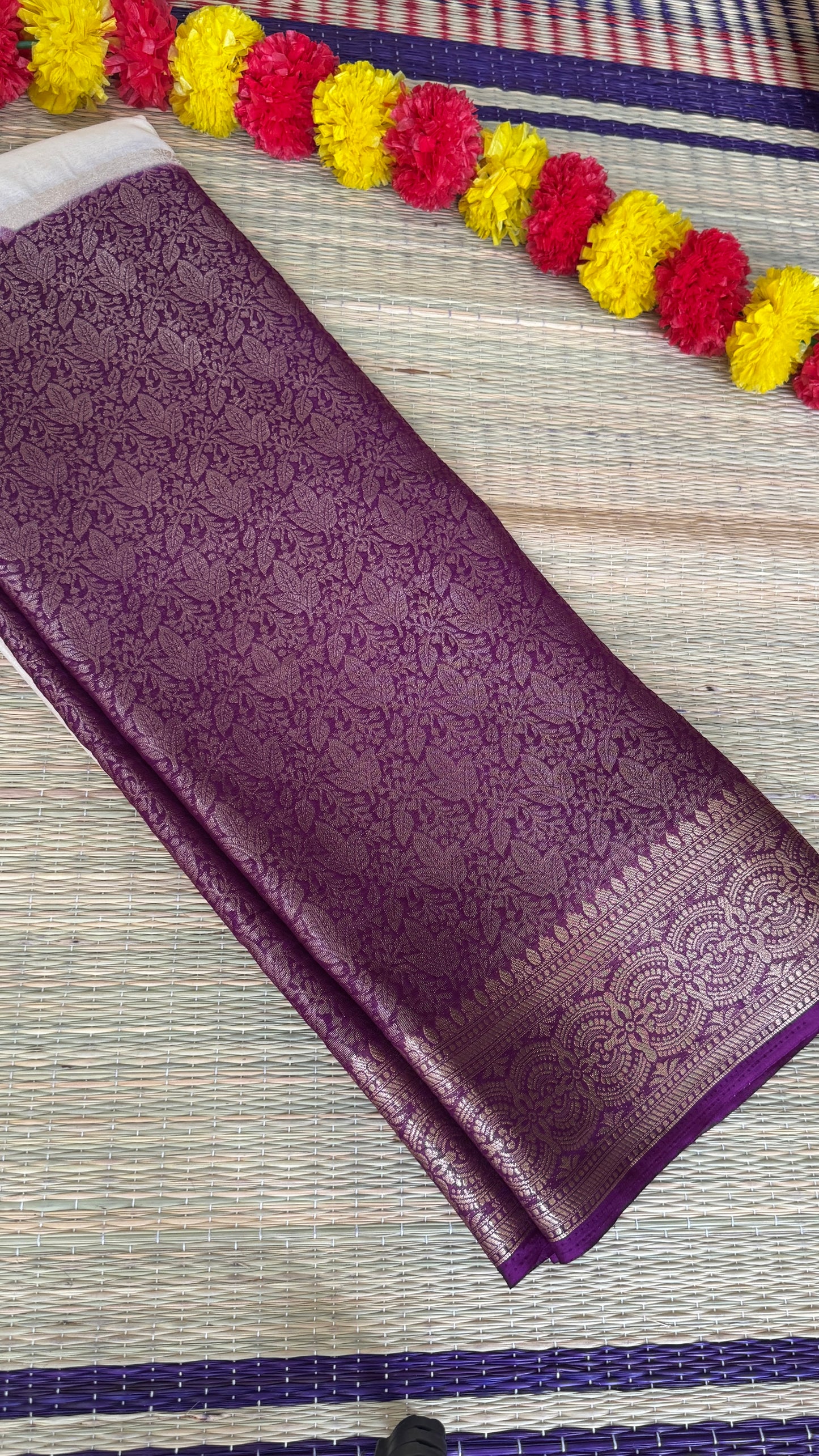 Semi Silk Saree - Cream and Wine