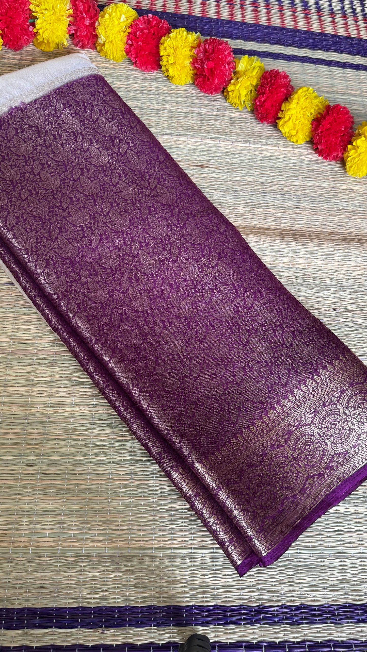 Semi Silk Saree - Cream and Wine
