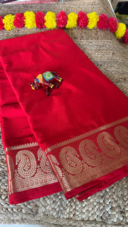 Semi Silk Saree - Solid Red with Mango Boarder