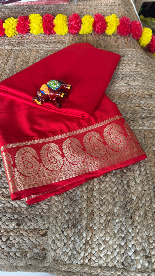 Semi Silk Saree - Solid Red with Mango Boarder