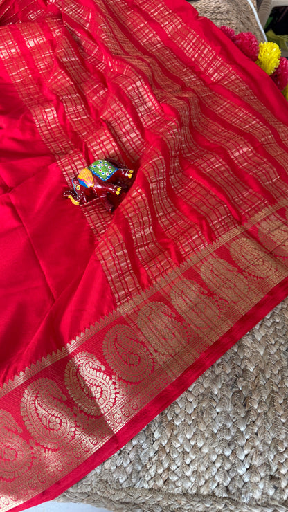 Semi Silk Saree - Solid Red with Mango Boarder