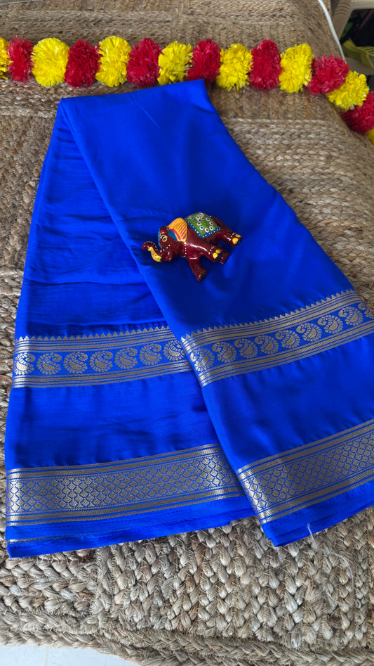 Semi Silk Saree - Solid Blue with Lines
