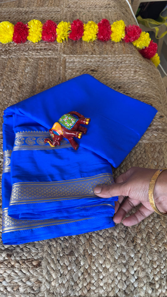 Semi Silk Saree - Solid Blue with Lines