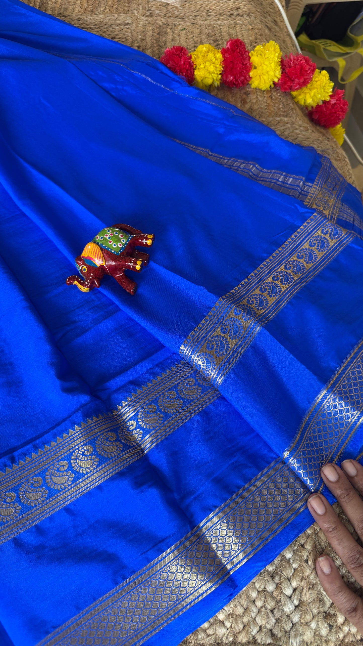 Semi Silk Saree - Solid Blue with Lines