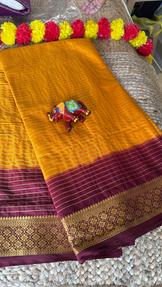 Semi Silk Saree - Mustard with Maroon Boarder