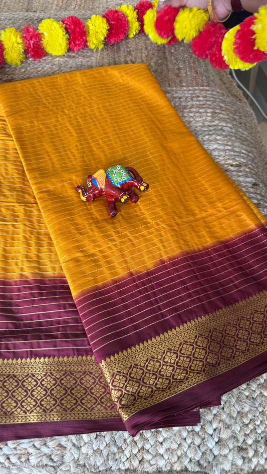 Semi Silk Saree - Mustard with Maroon Boarder