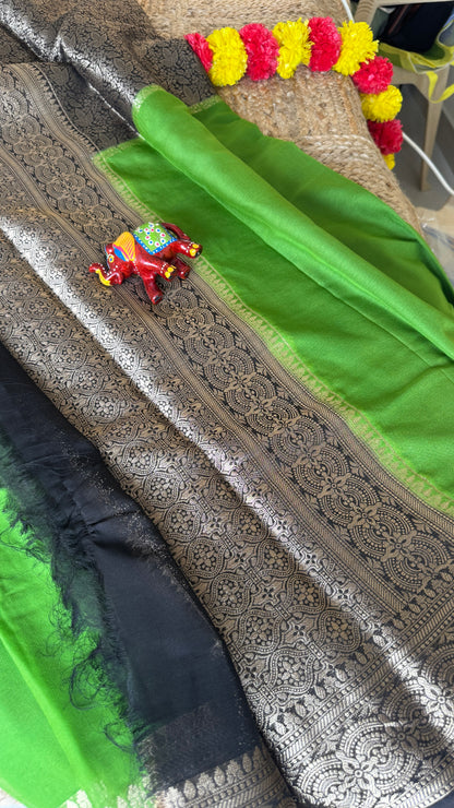 Semi Silk Saree - Green and Black