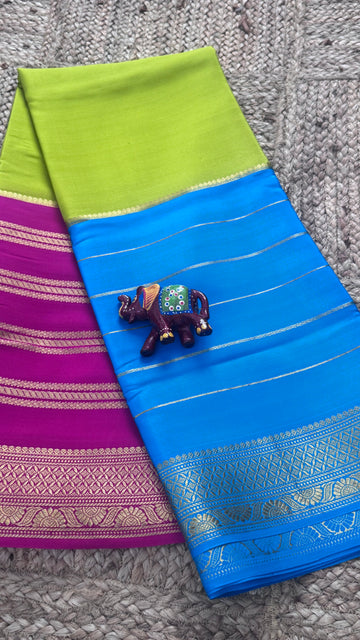 Mysore Silk - 3D  Blue, Pink and Parrot Green