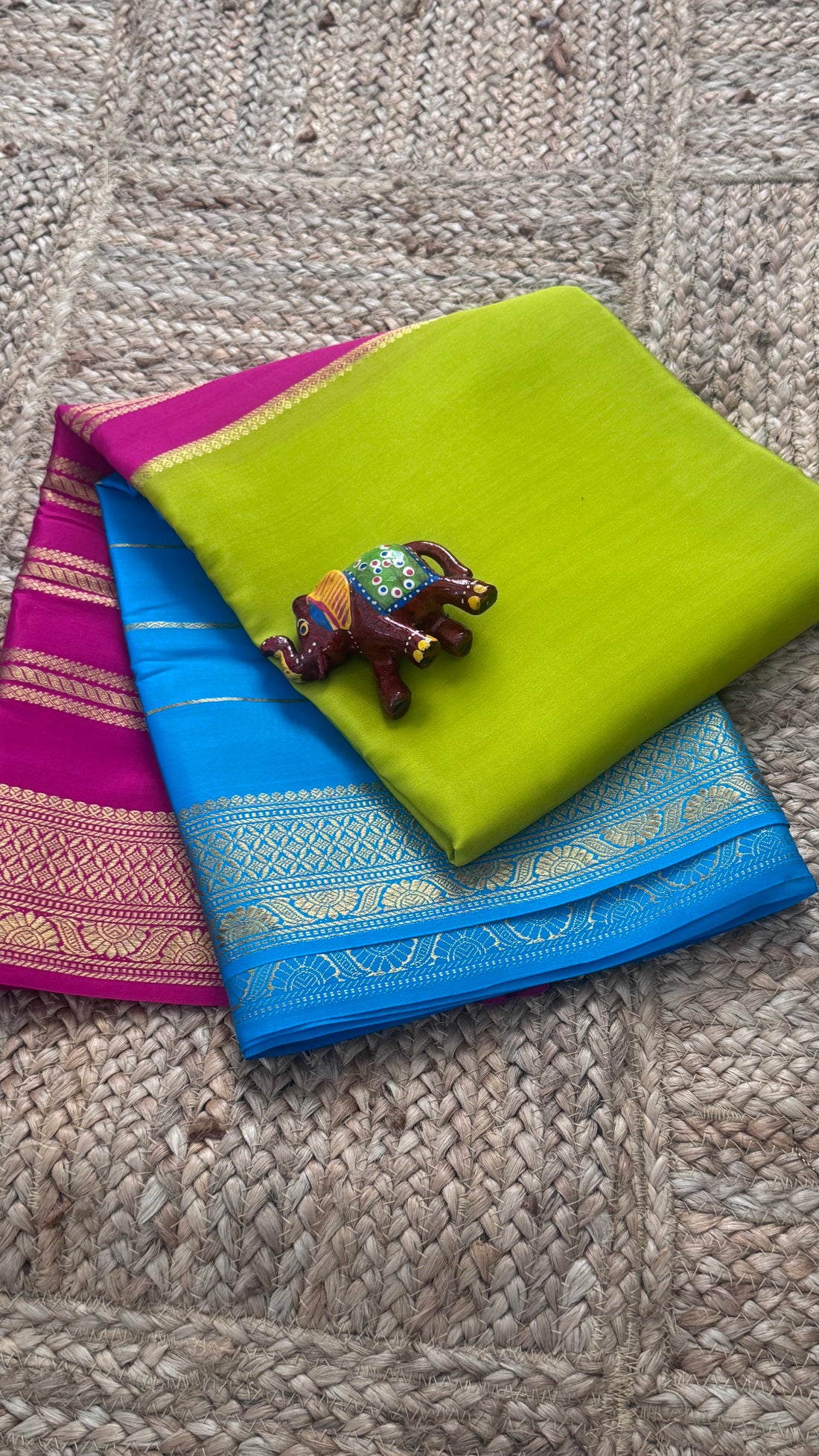 Pure Mysore Silk Saree – 3D Pink Blue and Parrot Green