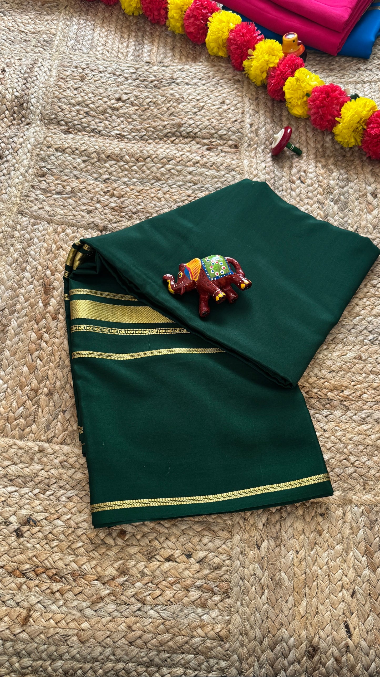 Pure Mysore Silk Saree - 4 Lines Dark Green