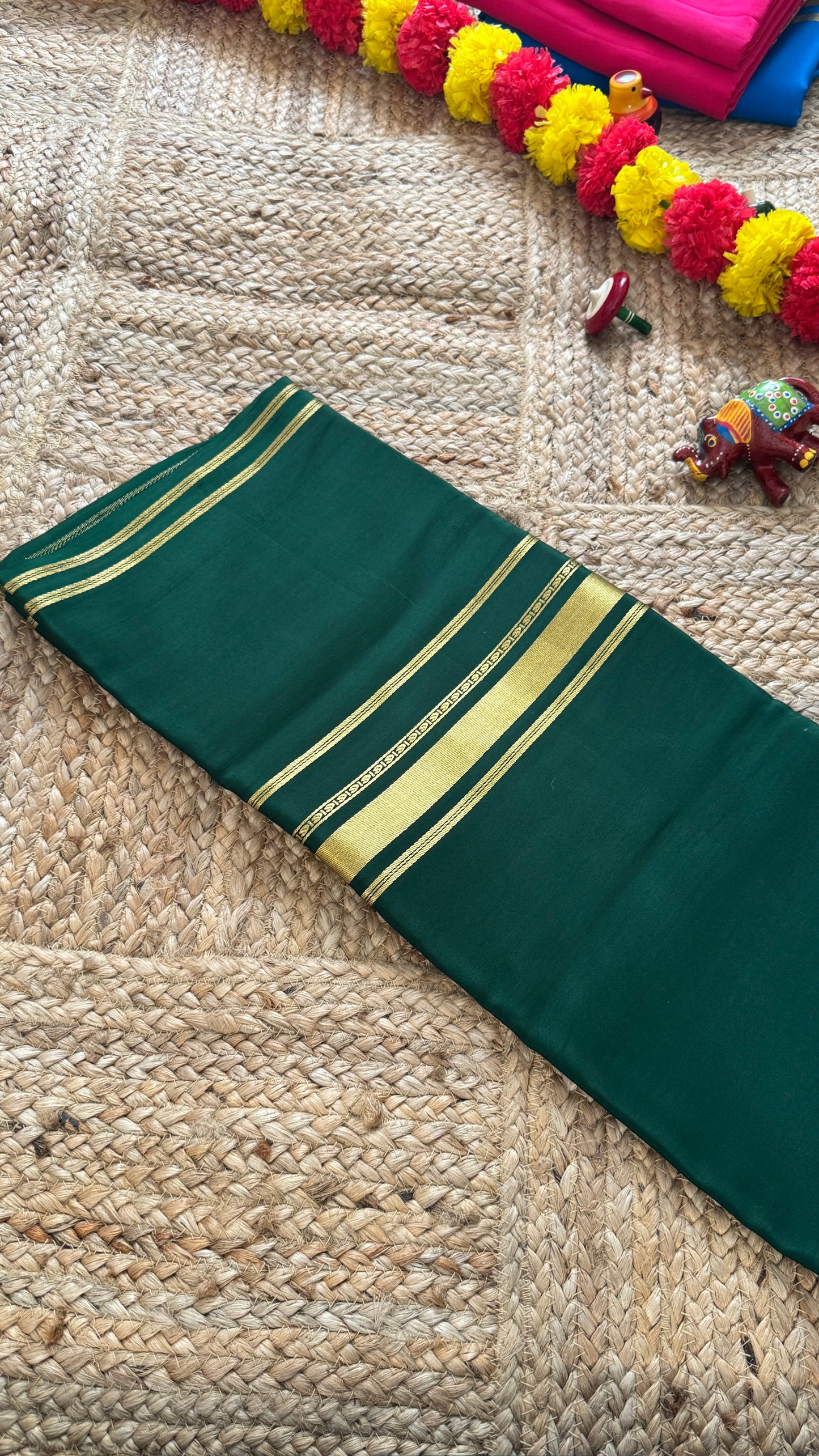 Pure Mysore Silk Saree - 4 Lines Dark Green