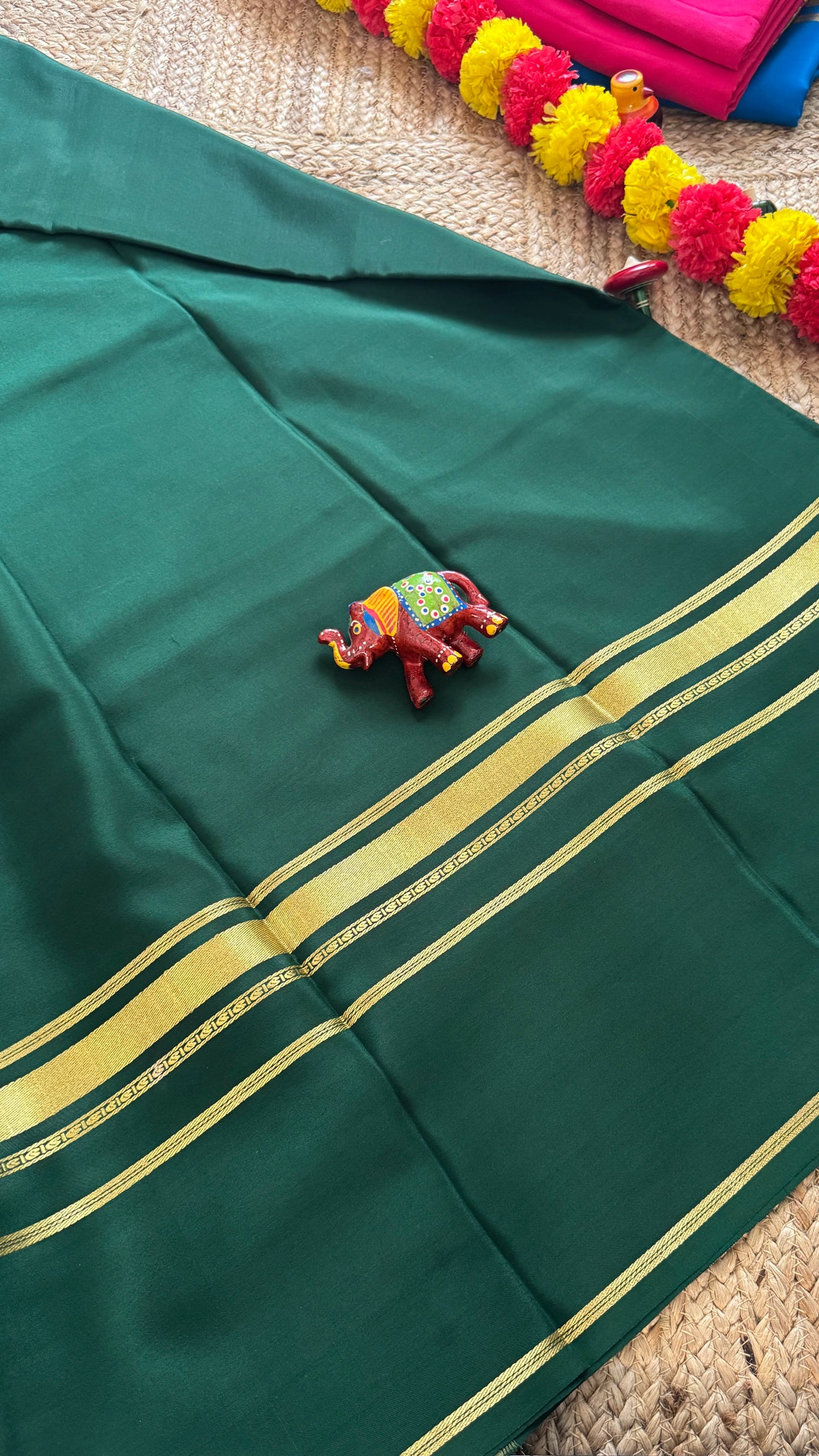 Pure Mysore Silk Saree - 4 Lines Dark Green
