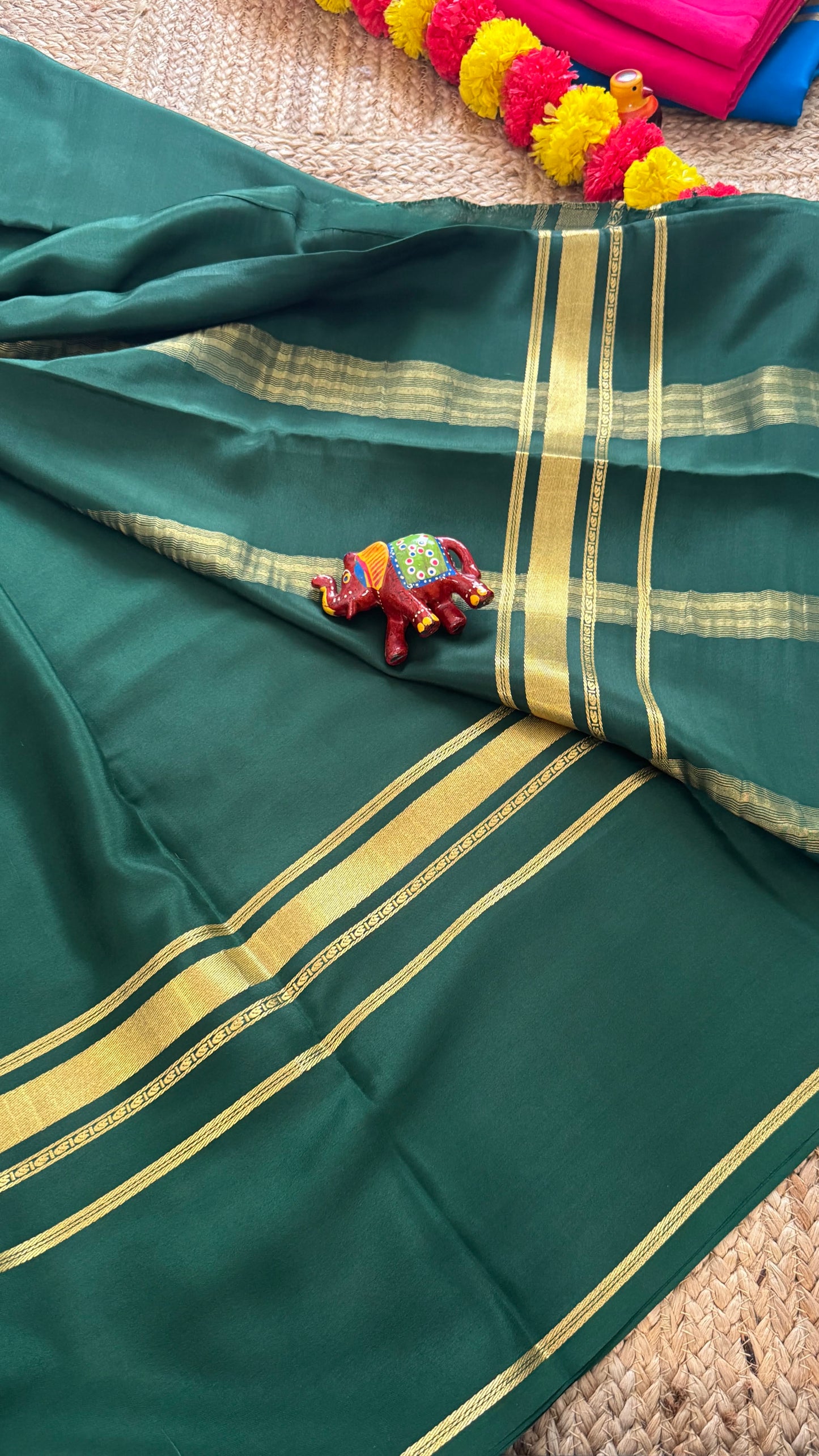 Pure Mysore Silk Saree - 4 Lines Dark Green