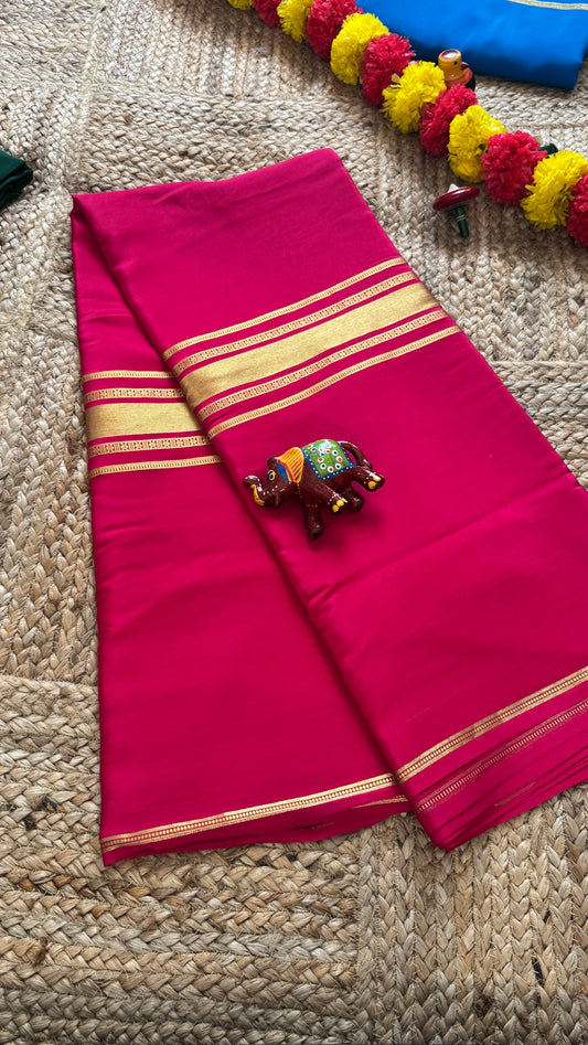 Pure Mysore Silk Saree - 4 Lines Rani Pink