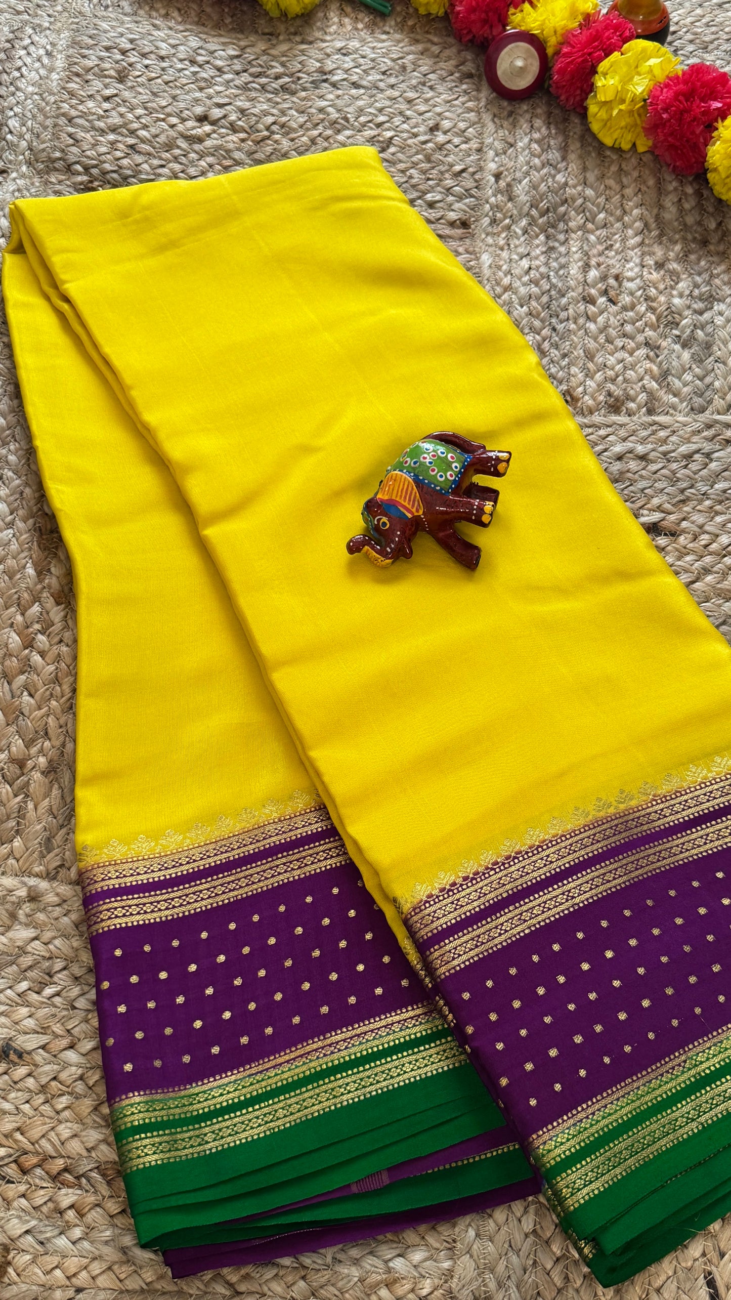 5.Pure Mysore Silk Saree - Boarder Lines Yellow Purple and Green