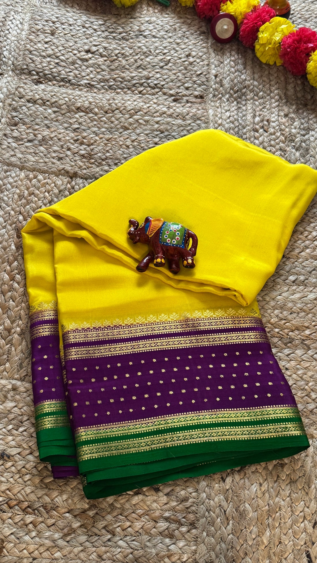 Pure Mysore Silk Saree - Border Lines Yellow Purple and Green