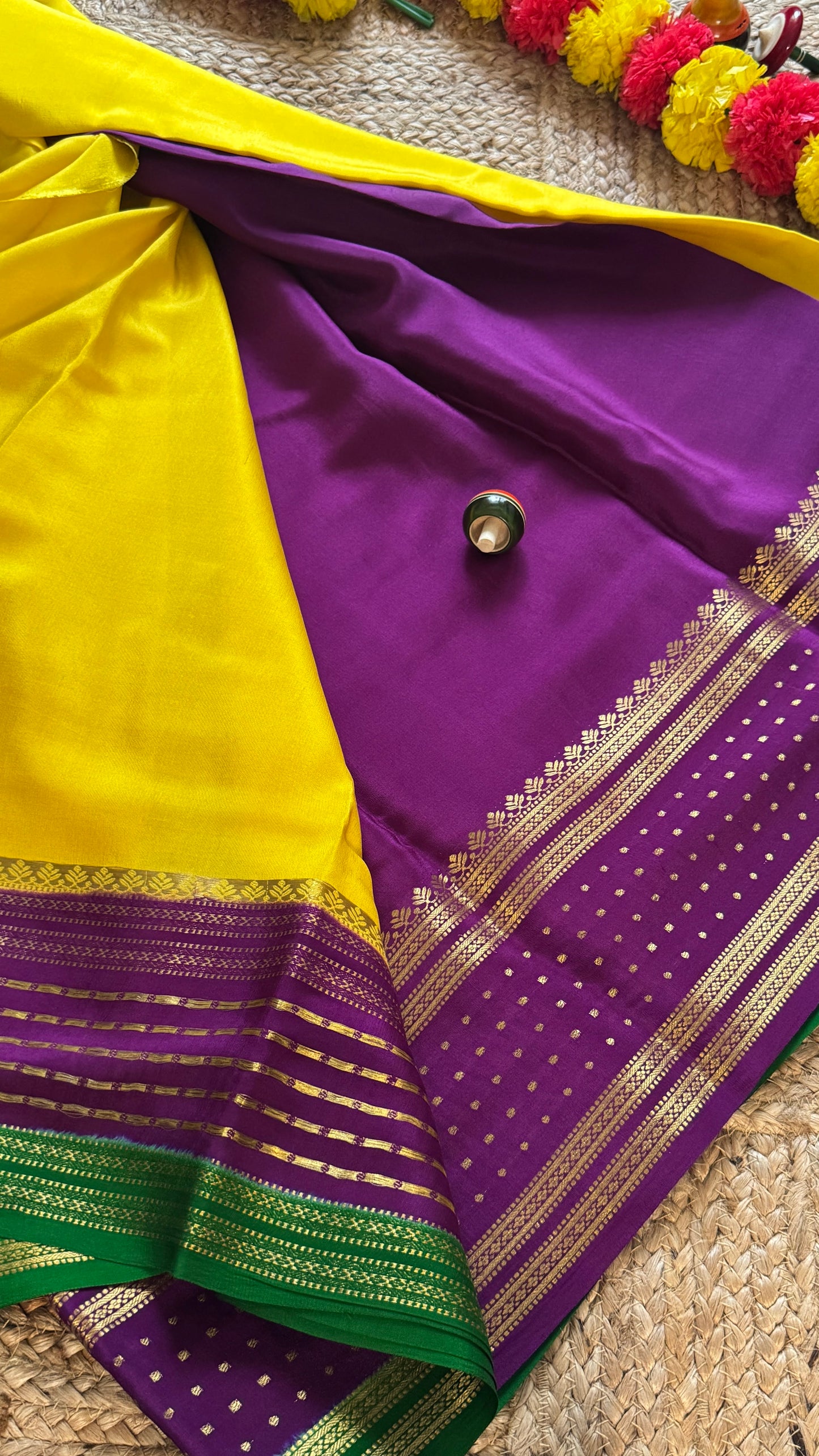 5.Pure Mysore Silk Saree - Boarder Lines Yellow Purple and Green
