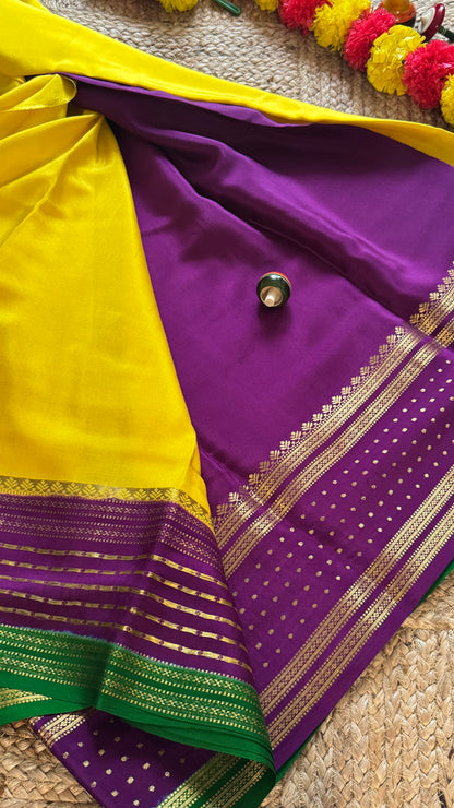 5.Pure Mysore Silk Saree - Boarder Lines Yellow Purple and Green