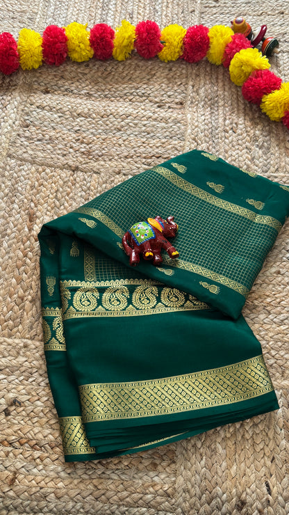 Pure Mysore Silk Saree - Jhumka Zari Solid Green
