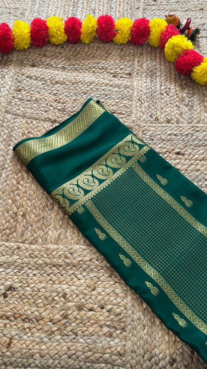 Pure Mysore Silk Saree - Jhumka Zari Solid Green