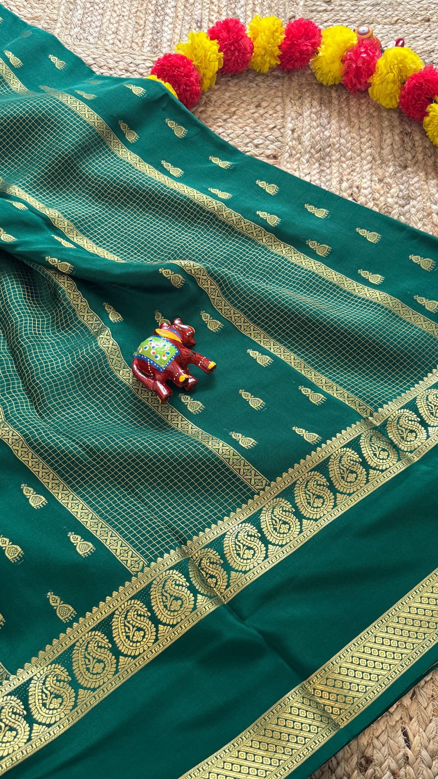 Pure Mysore Silk Saree - Jhumka Zari Solid Green