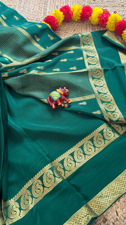 Pure Mysore Silk Saree - Jhumka Zari Solid Green