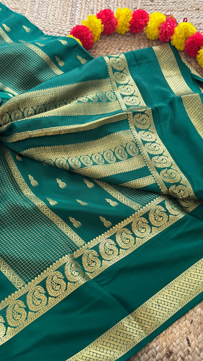Pure Mysore Silk Saree - Jhumka Zari Solid Green