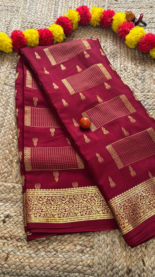 Pure Mysore Silk Saree - Jhumka Zari Solid Maroon