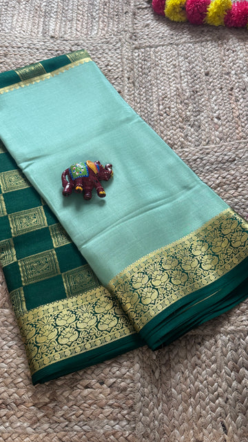 SIRI ROYAL | Mysore Silk Saree Half and Half Pastel Mint Green and Contrast Deep Green