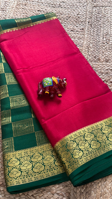 SIRI ROYAL | Mysore Silk Saree Half and Half Rani Pink and Green Contrast