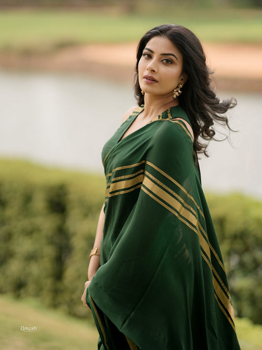 Pure Mysore Silk Saree - 4 Lines Dark Green