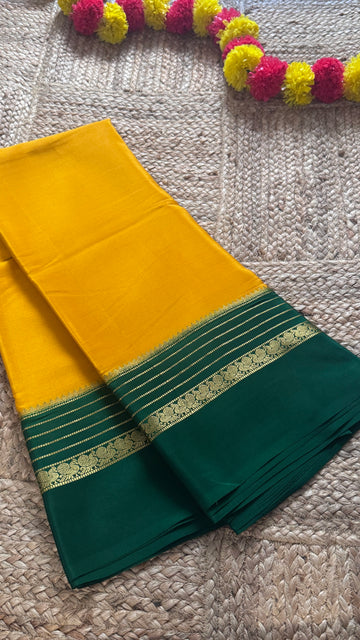 Mysore Silk Saree - Yellow and Green Peacock Border