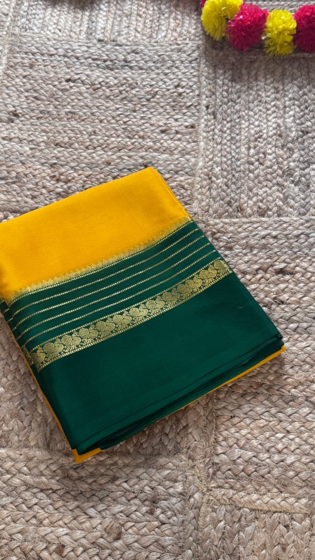 Mysore Silk Saree - Yellow and Green Peacock Border