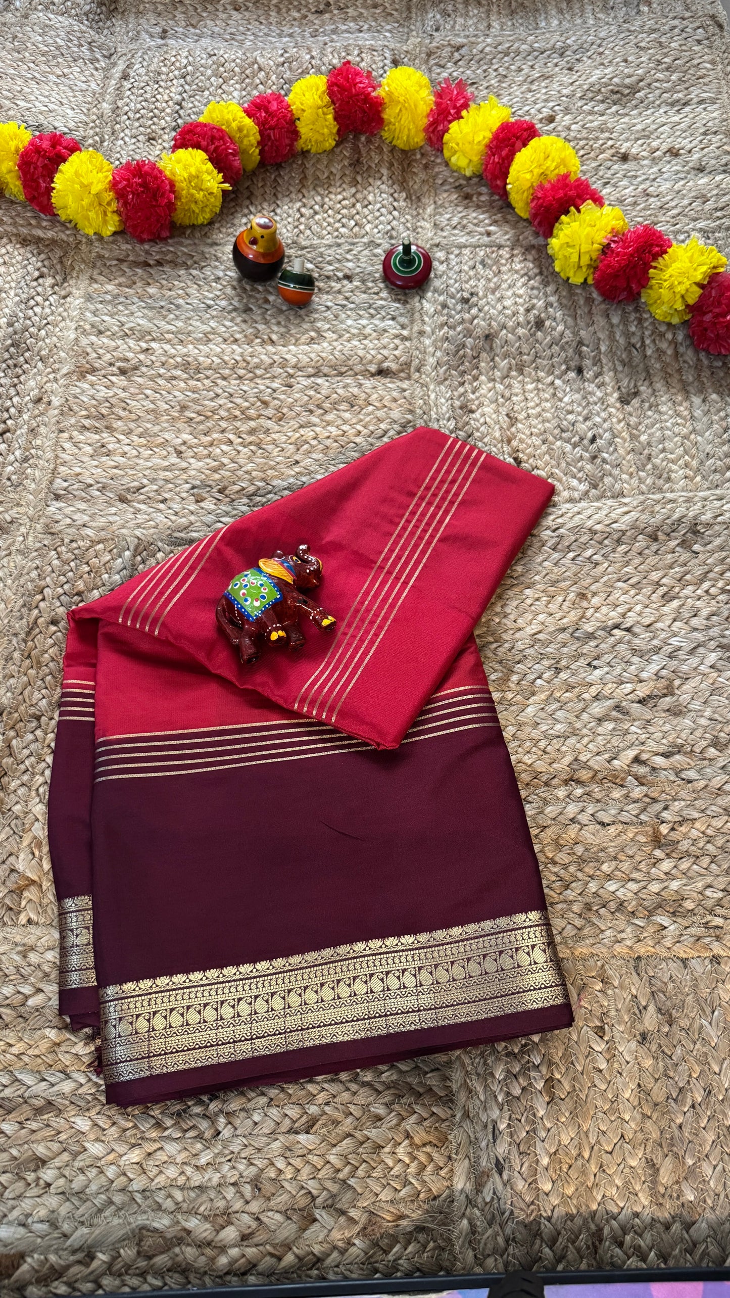 Semi Silk Saree - Red and Maroon