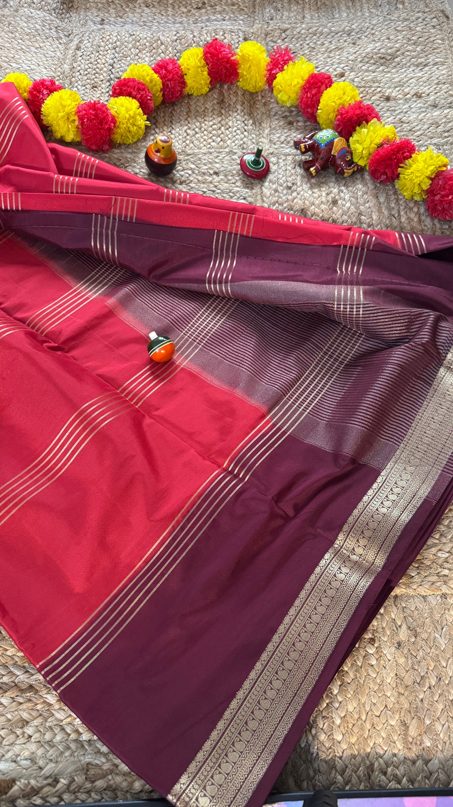 Semi Silk Saree - Red and Maroon
