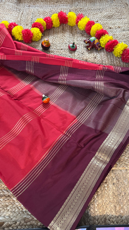 Semi Silk Saree - Red and Maroon