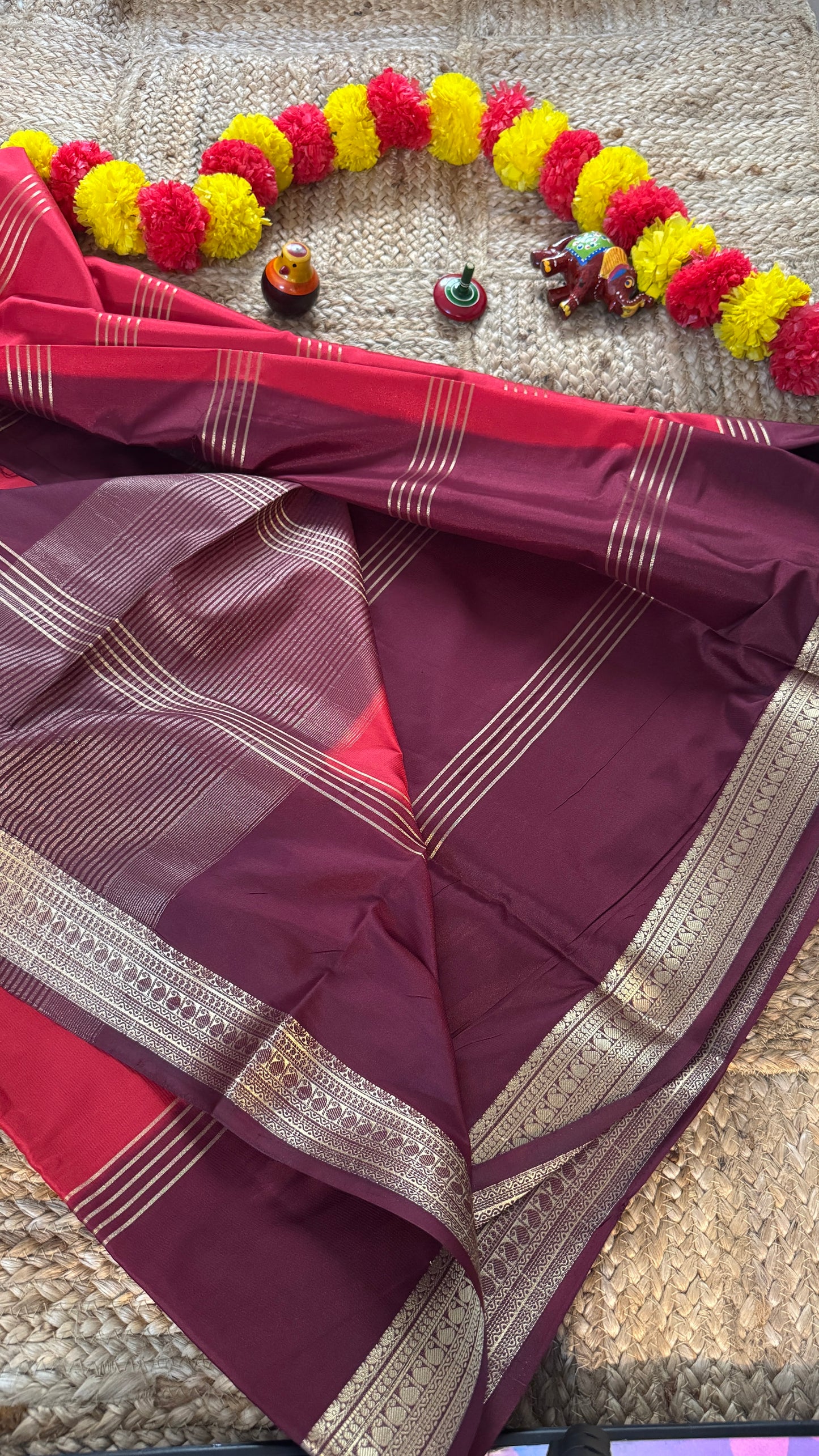 Semi Silk Saree - Red and Maroon