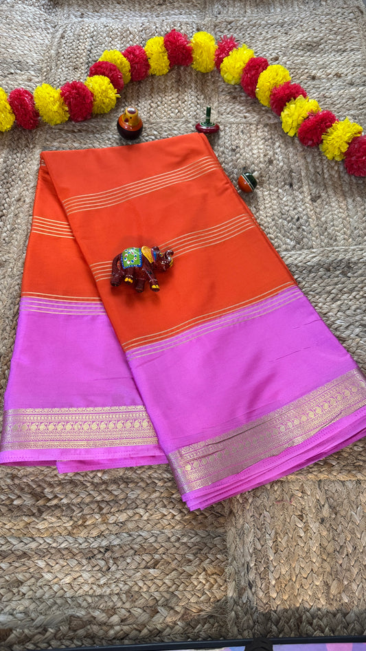 Semi Silk Saree - Orange and Pink bentex