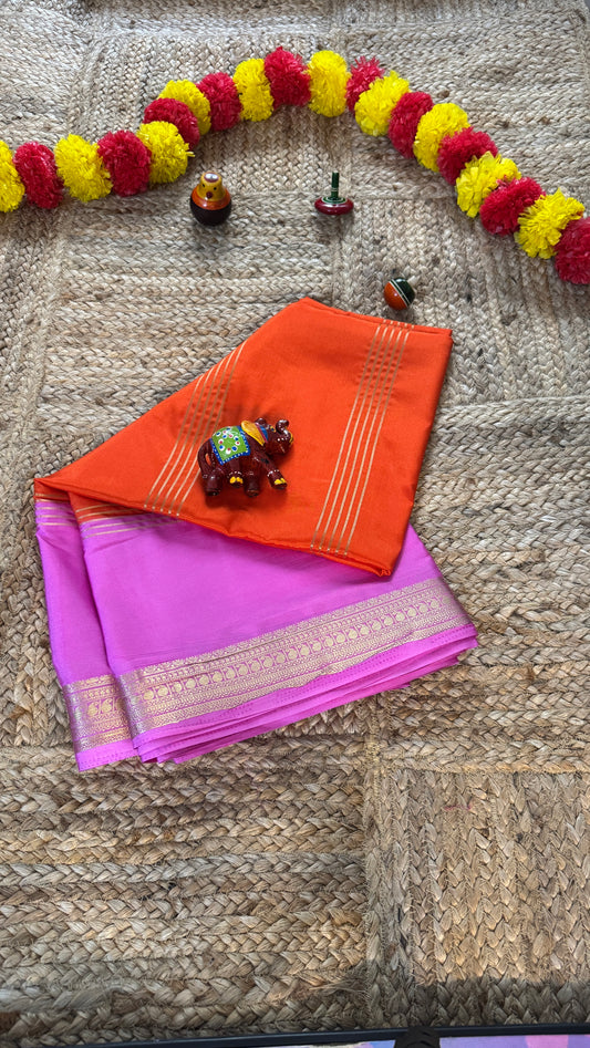 Semi Silk Saree - Orange and Pink bentex